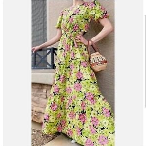 WAYF Puff Sleeves Green/Pink/Black Floral Cutout Sides Tiered Maxi Dress, small